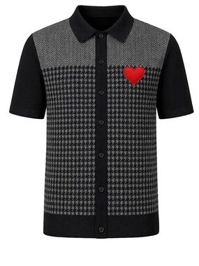 Oxknit Black & Gray Houndstooth Knit Polo with Red Heart Patch